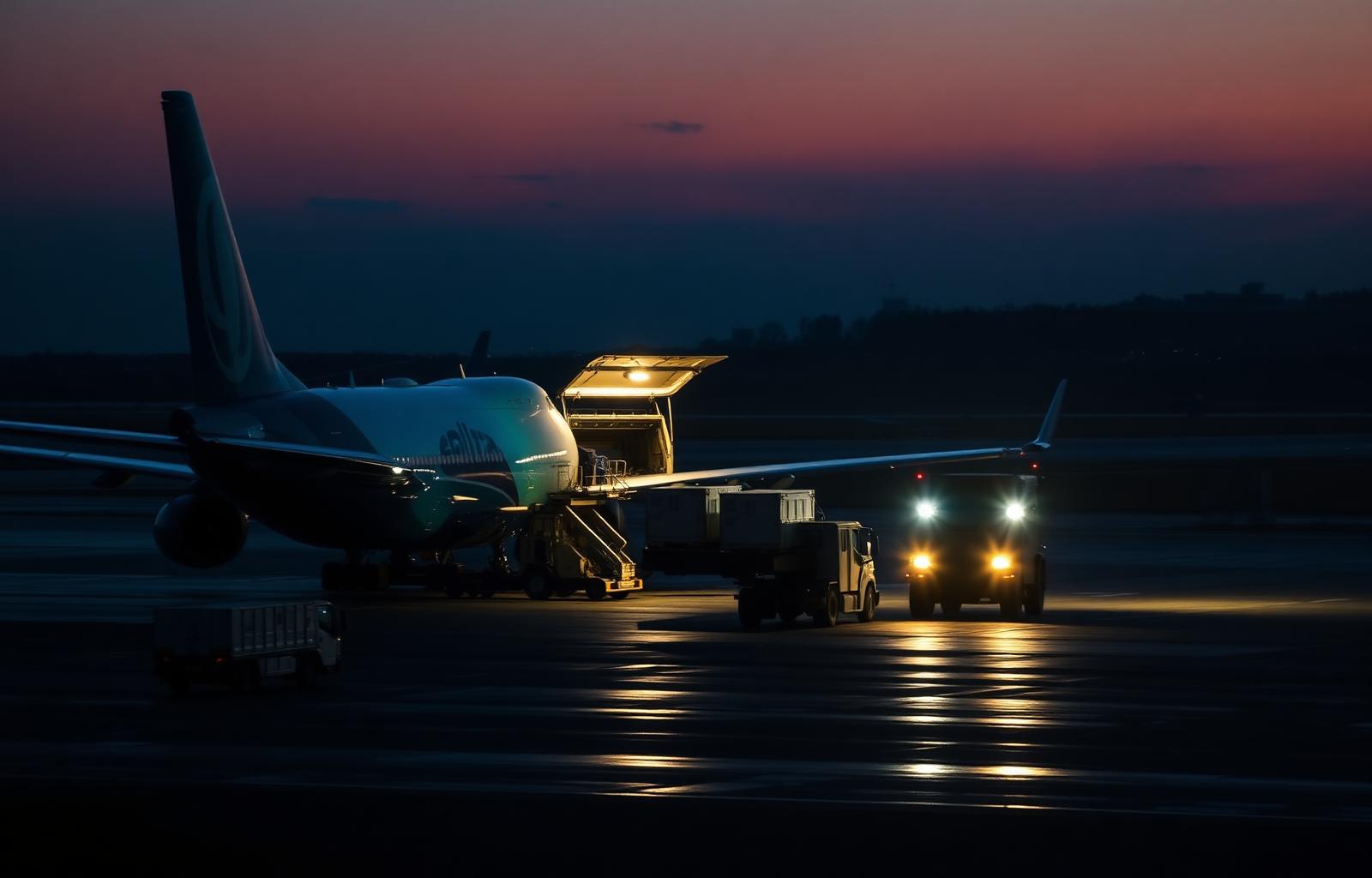 Cargo aircraft being loaded with freight containers on the airside apron at dusk