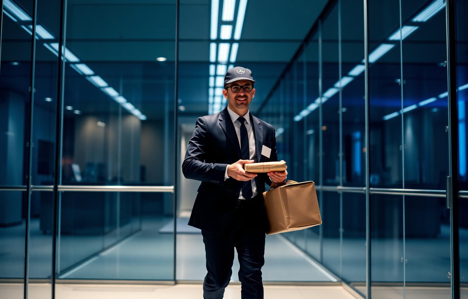 Smartly dressed courier delivering a parcel inside a London corporate office