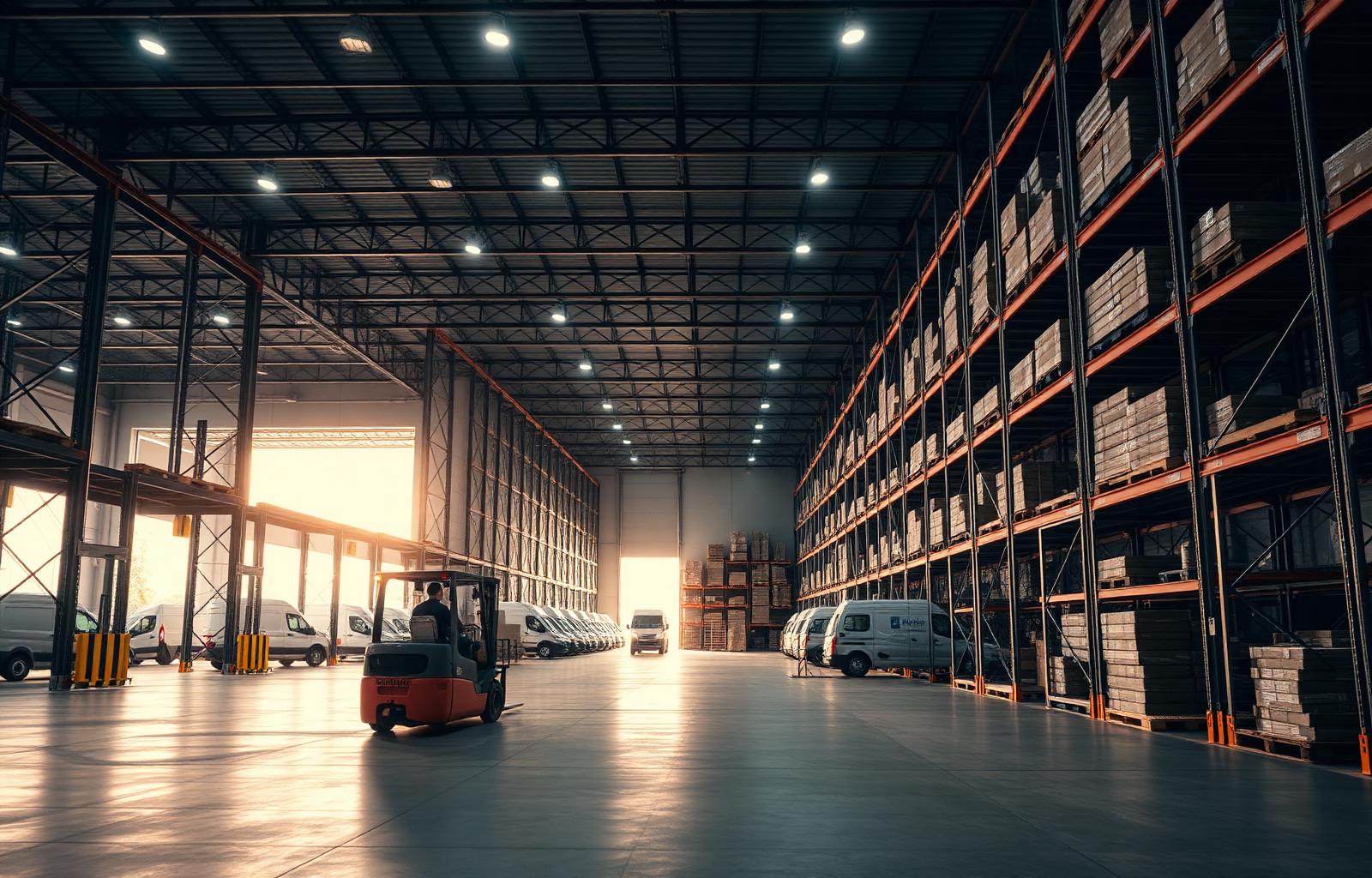 Modern distribution warehouse interior with high racking and a fleet of delivery vans