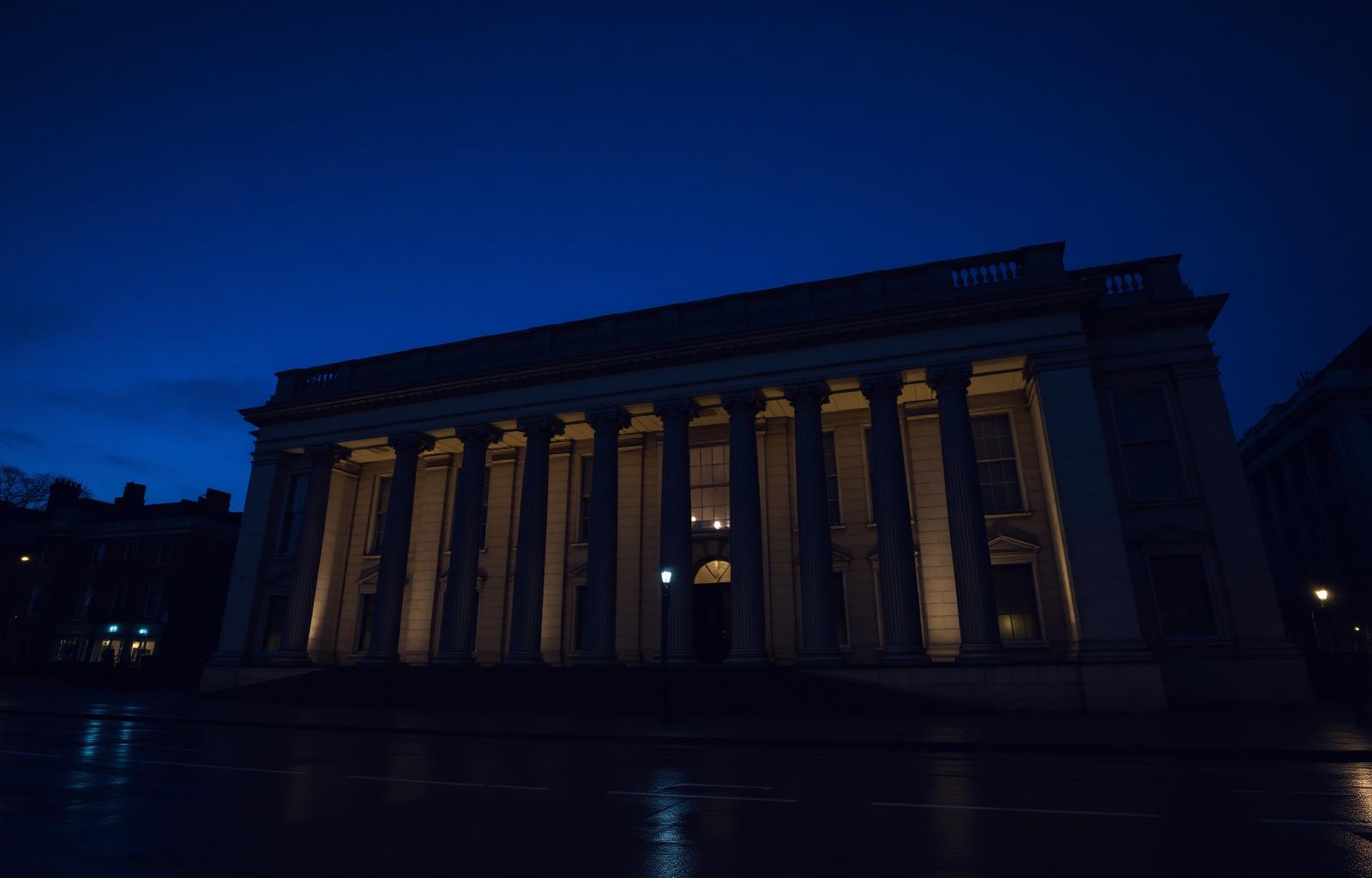Classical Portland-stone London civic government building illuminated at dusk