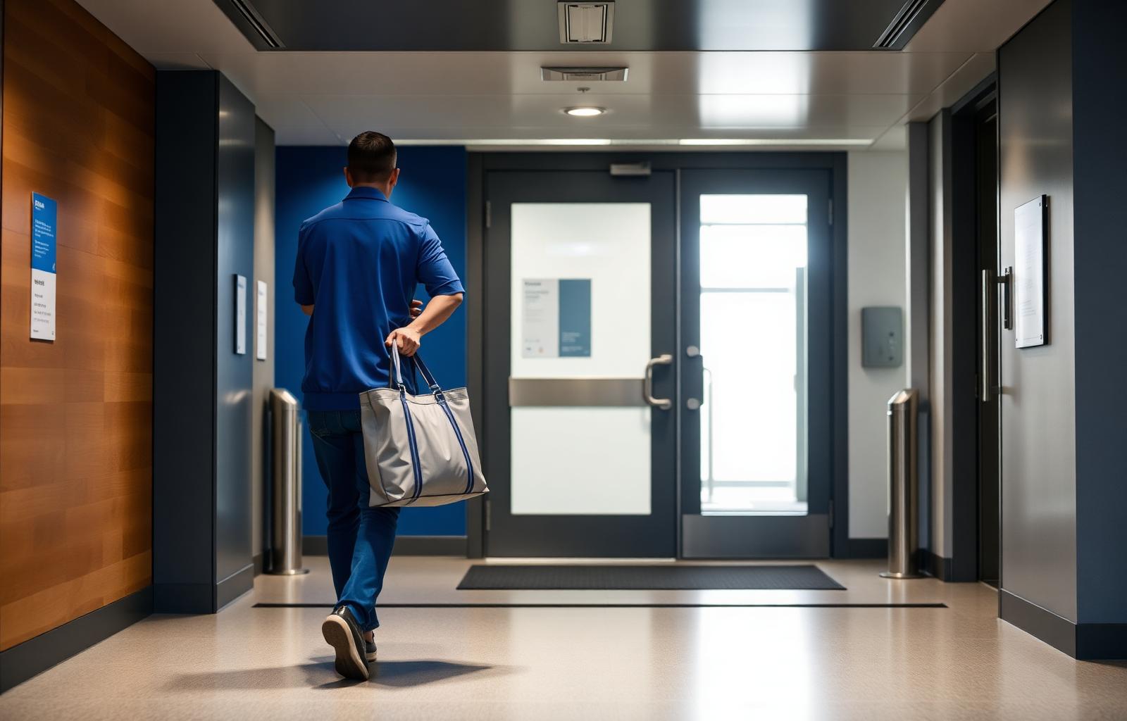 Professional courier carrying a delivery bag inside a healthcare facility entrance