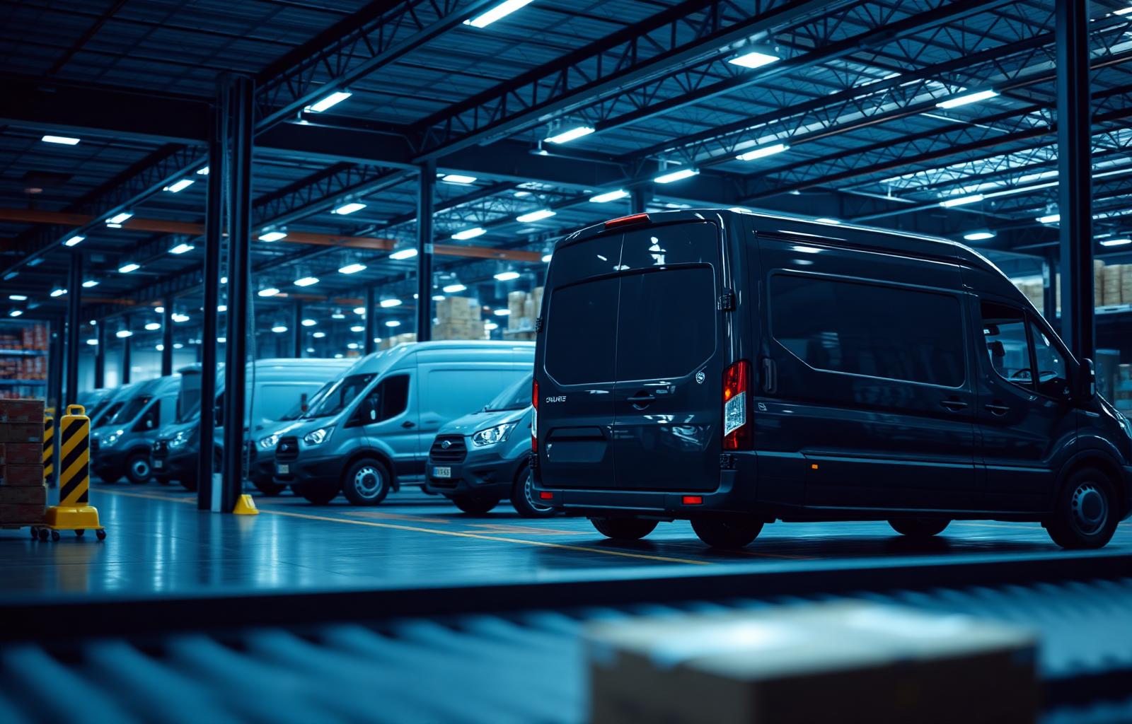 Fleet of delivery vans inside a modern retail distribution warehouse