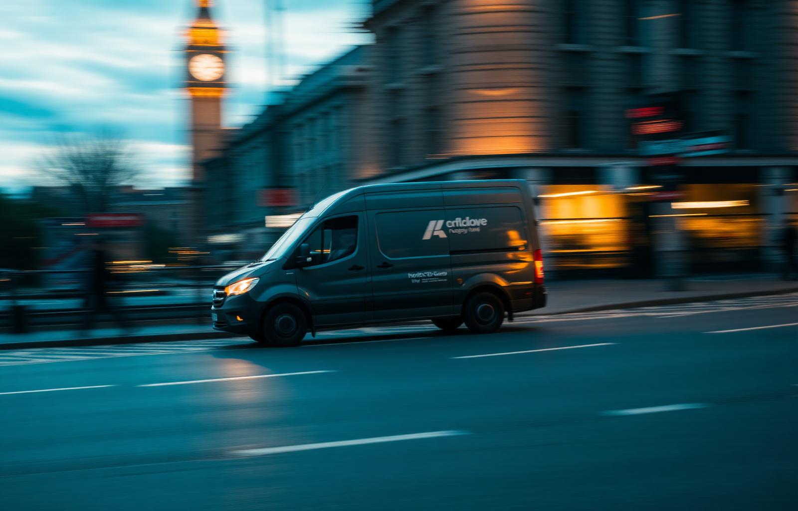 Delivery van moving at speed through London at dusk near a clock tower